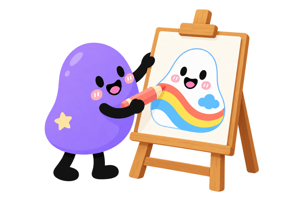 A lilac Blob uses a pencil to design a simple rainbow Blob on an easel.