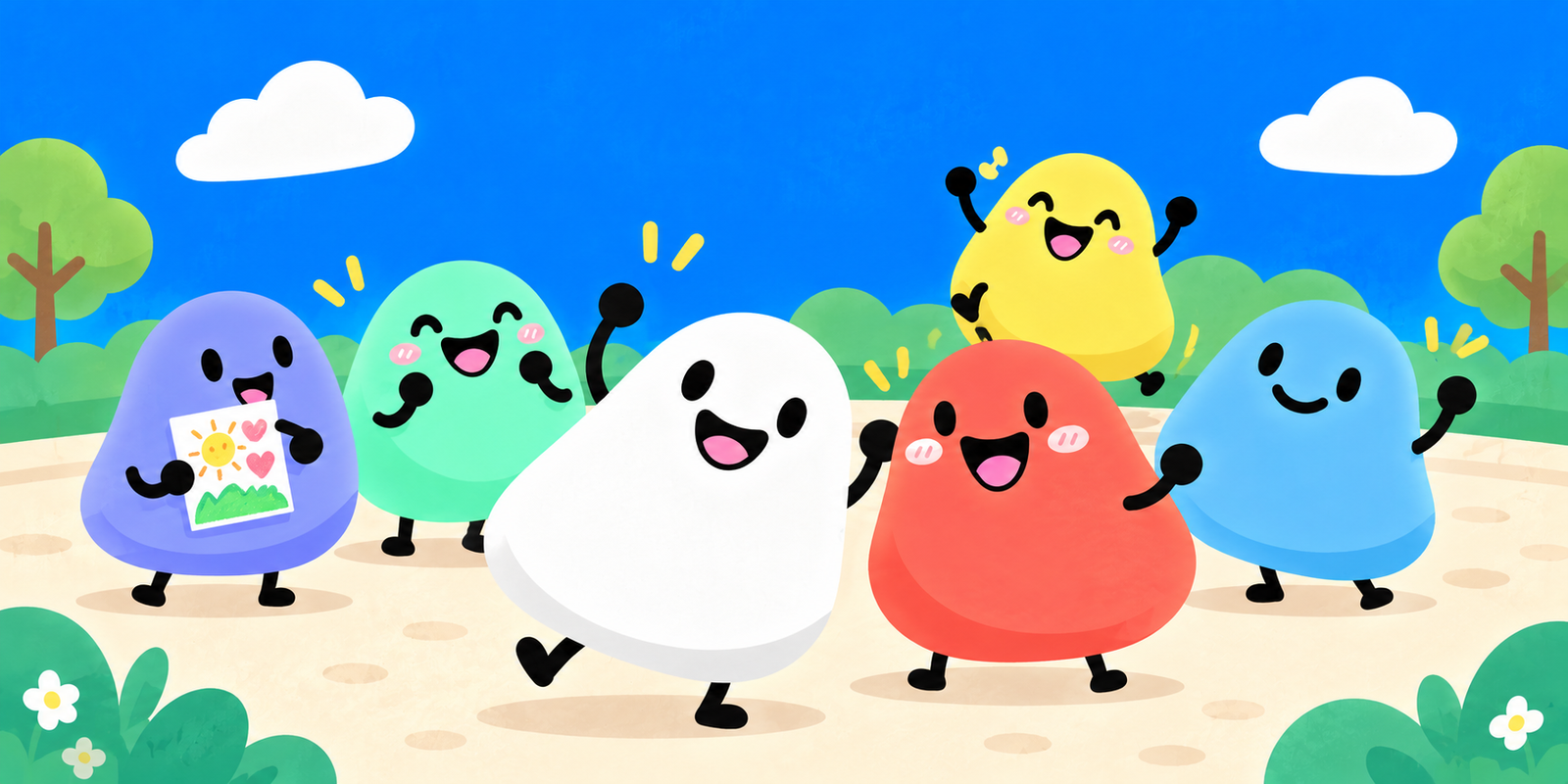 Six colorful Blobs greeting each other in a sunny park.
