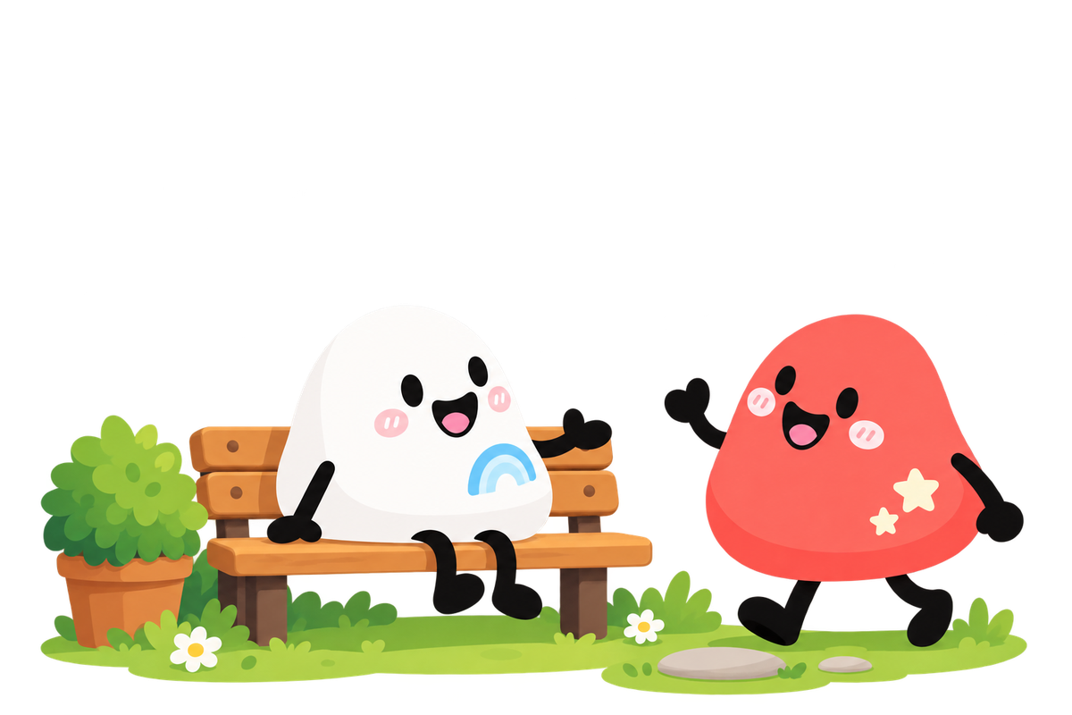 A white Blob sits on a park bench and welcomes a coral Blob walking over to say hello.